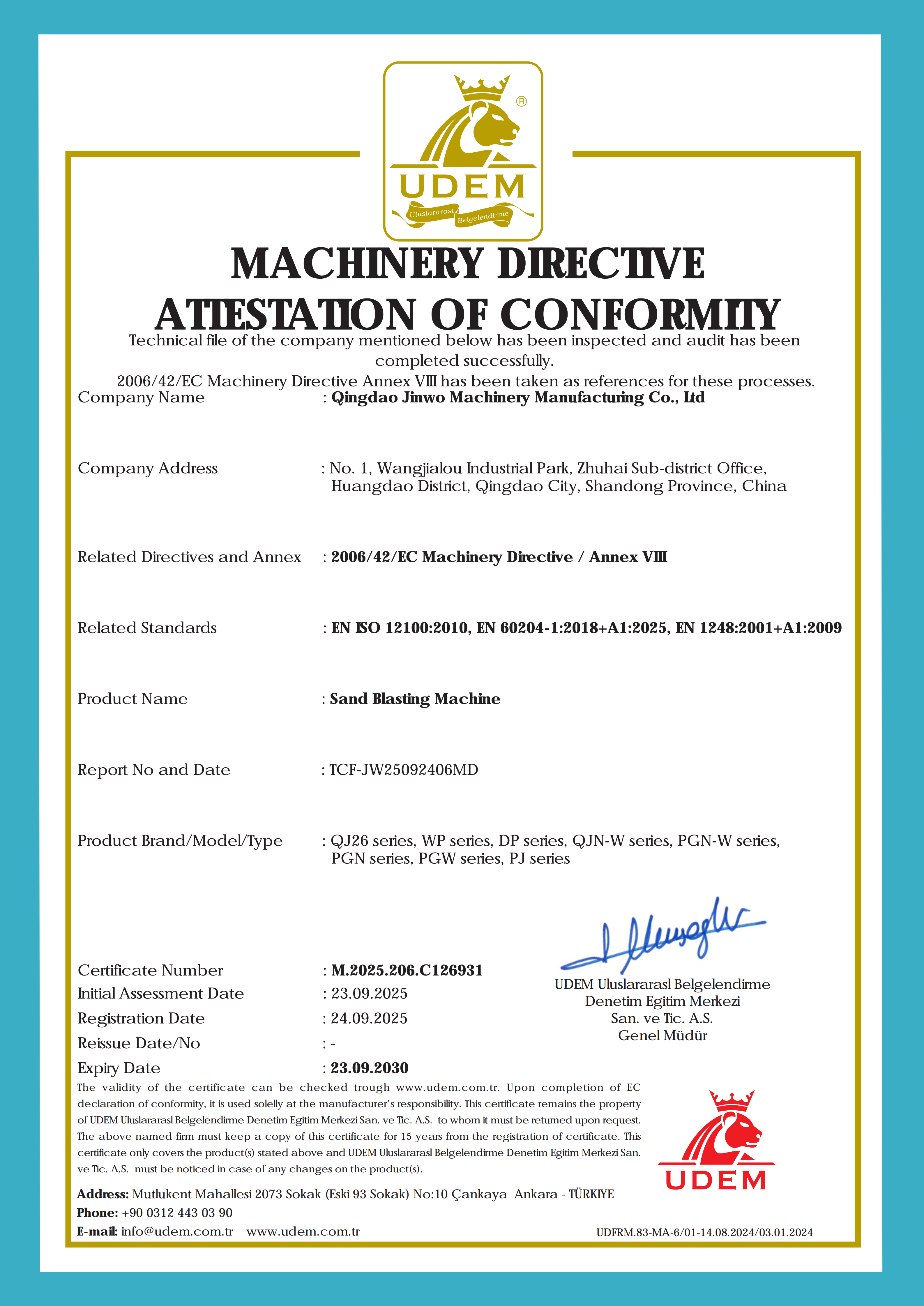 CE Certificate - Sand Blasting - Qingdao Jinwo Machinery Quality Certification